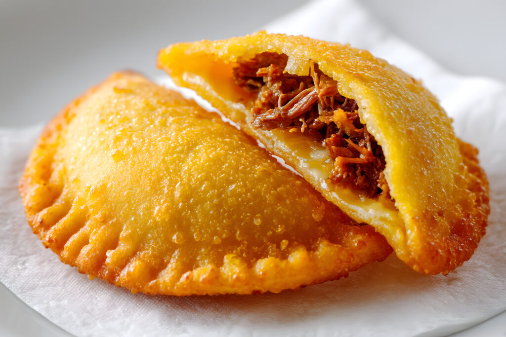 close up shot of two delicious venezuelan empanadas with crispy golden crust and savory filling